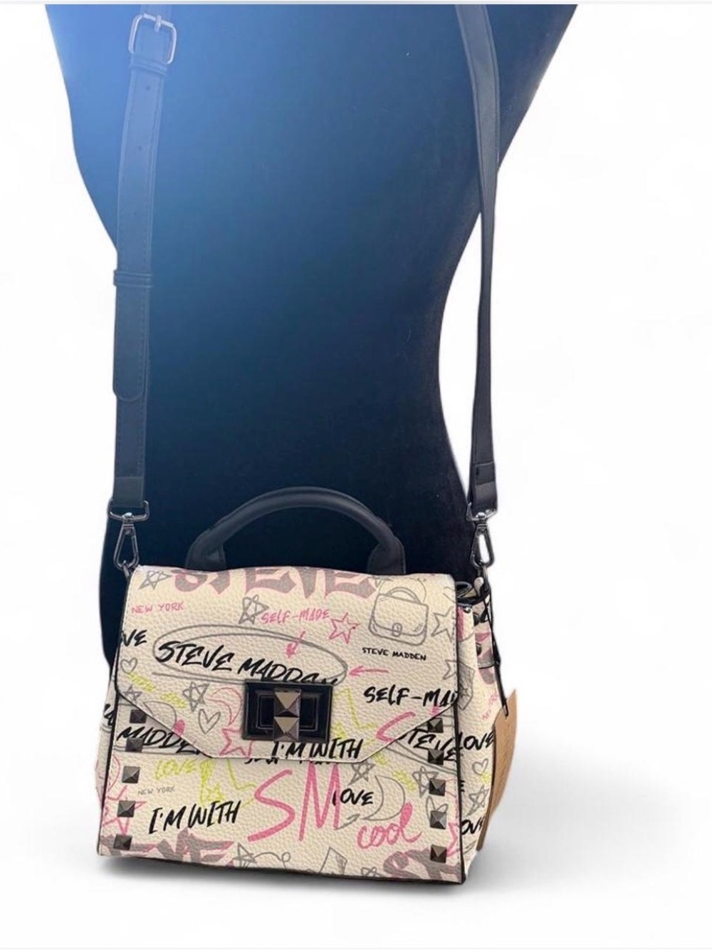 Steve Madden White Graffiti Top-Handle Crossbody with Black Trim - Picture 3 of 3